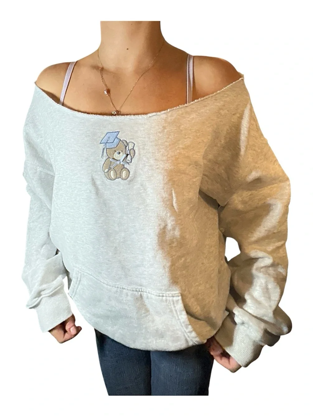 Hollister Off-the-Shoulder Light Gray Pullover Sweater with Front Pocket